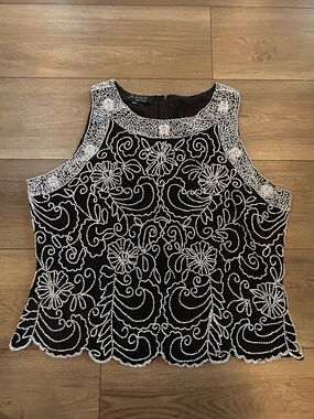 JKARA New York Beaded Sleeveless Top Black White Floral XXL